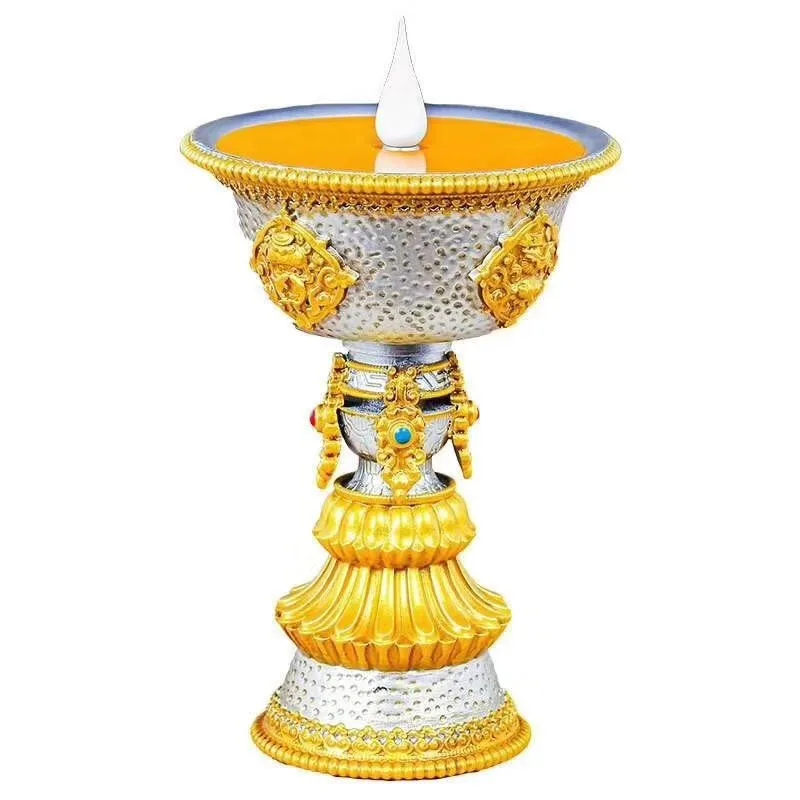Resin Electric Thailand Butter Candle Lamp and Candlestick,Rechargeable Yellow LED, Buddhist Altar Lamp, Tibetan BaJiXiang Light