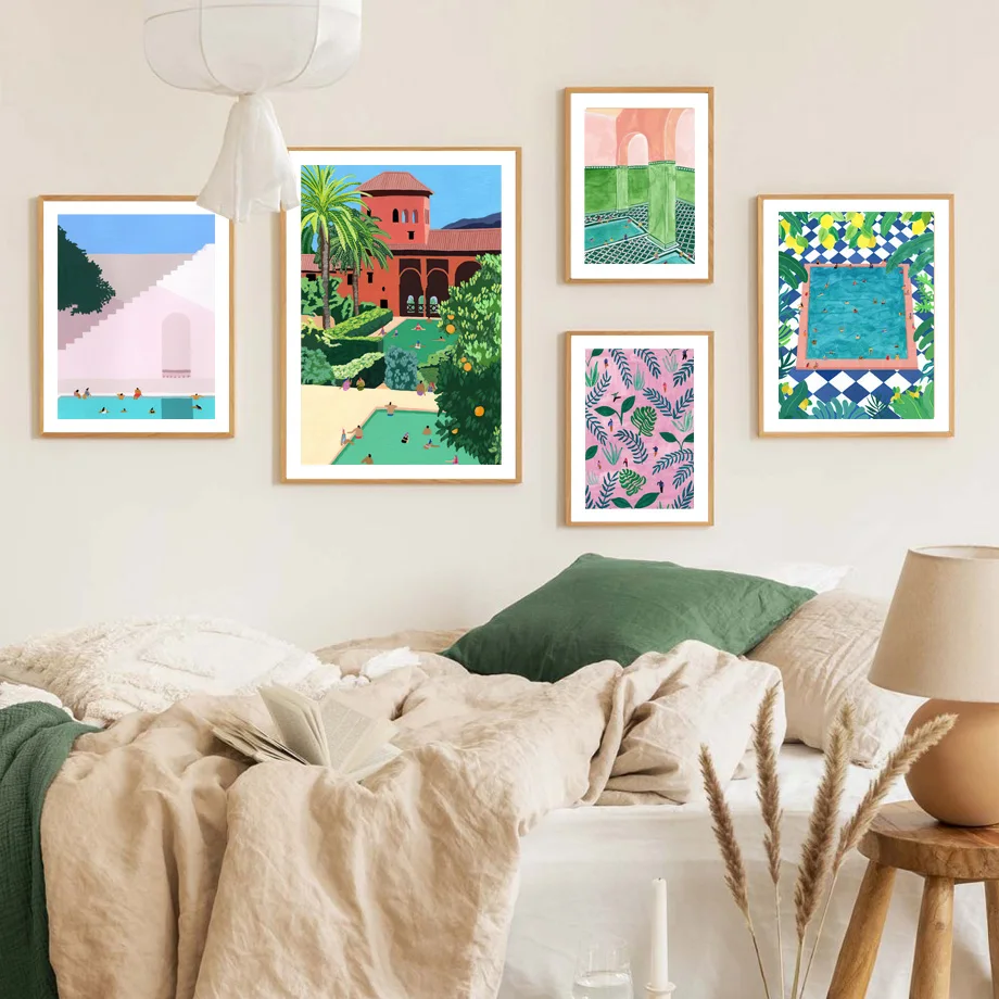 Boho Moroccan Pool Wall Art Colorful Tropical Resort Landscape Prints Vibrant Summer Vacation Canvas Posters Modern Home Decor