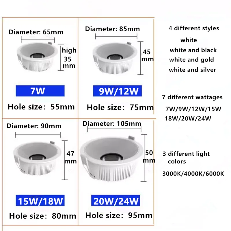 CRI 97 Blendfreie, dimmbare LED-Einbaustrahler, 7 W, 9 W, 12 W, 15 W, 18 W, 20 W, 24 W, COB-Deckenleuchte, Strahler, AC110–230 V + LED-Antrieb