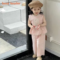 Bear Leader 3-7Y Summer Pink Girls Casual Clothing Sets Sleeveless Lace Stand Up Collar Top + Pants Two Piece Suit Kids Clothes