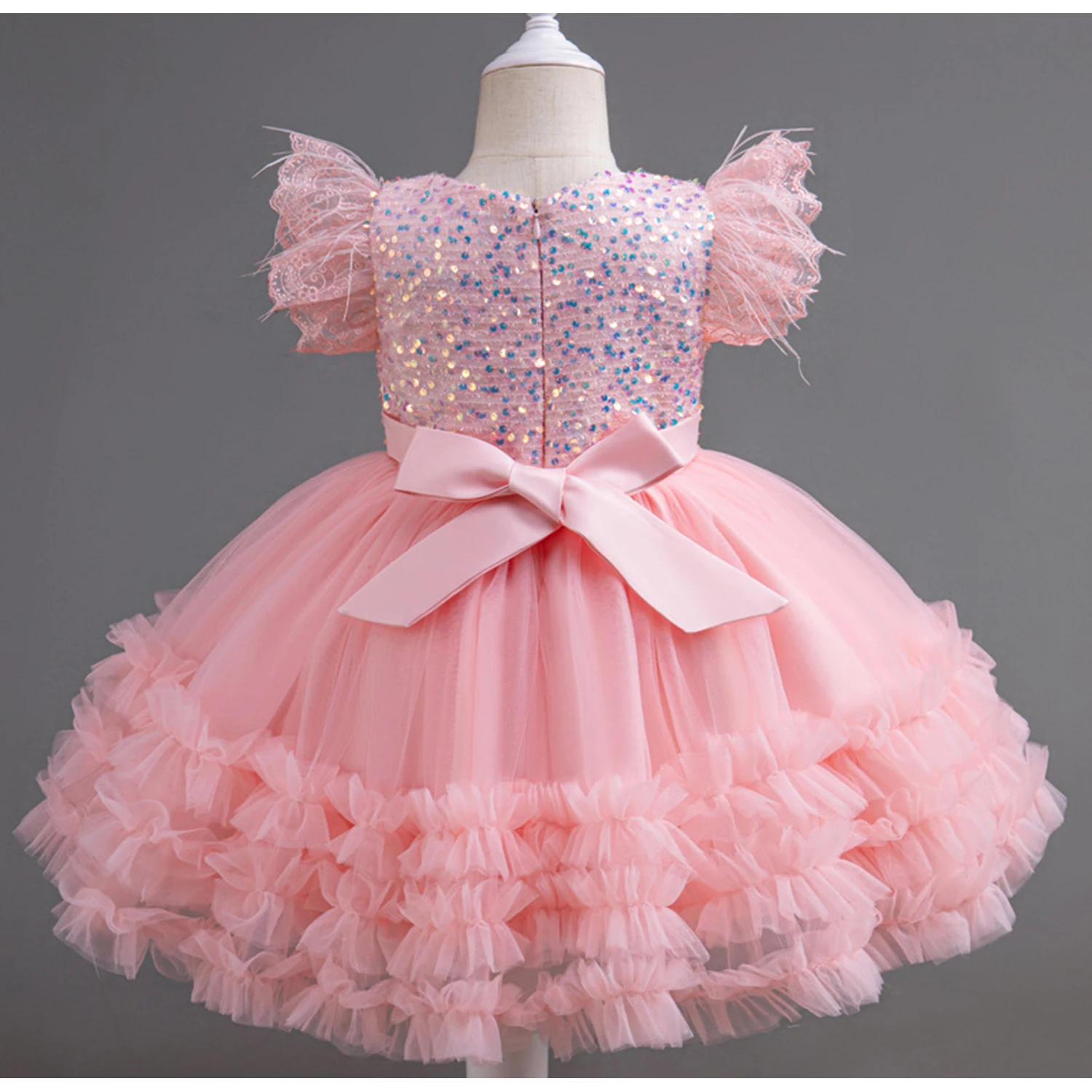 Grace Stylish 2-10 Years Feather Sleeves Sequined Layered Ruffled Soft Tulle Cupcake Birthday Party Formal Dress