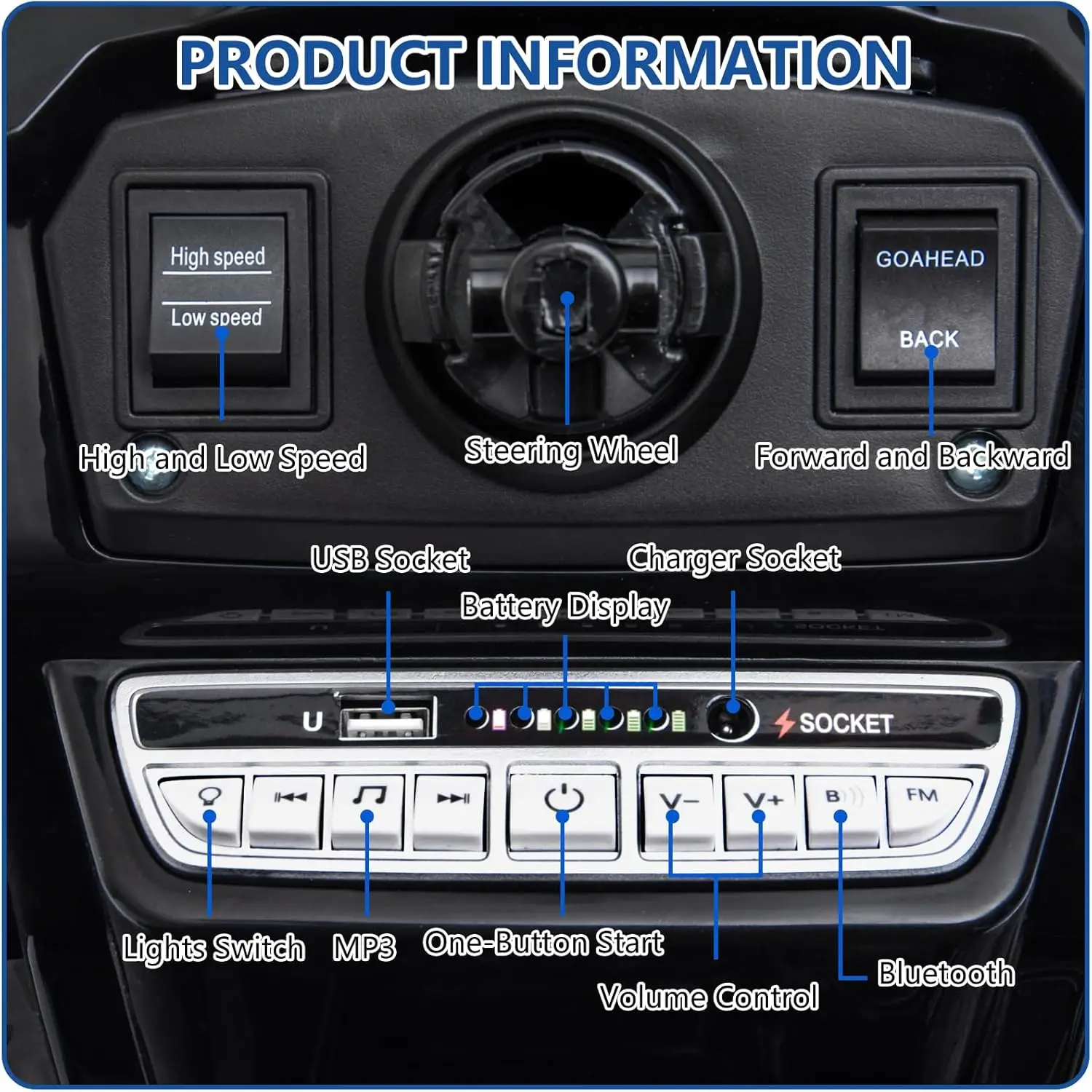 Tracteur électrique avec télécommande 35W, double moteur, voiture pour enfants, avec remorque détachable, musique, lumière LED, ceinture de sécurité
