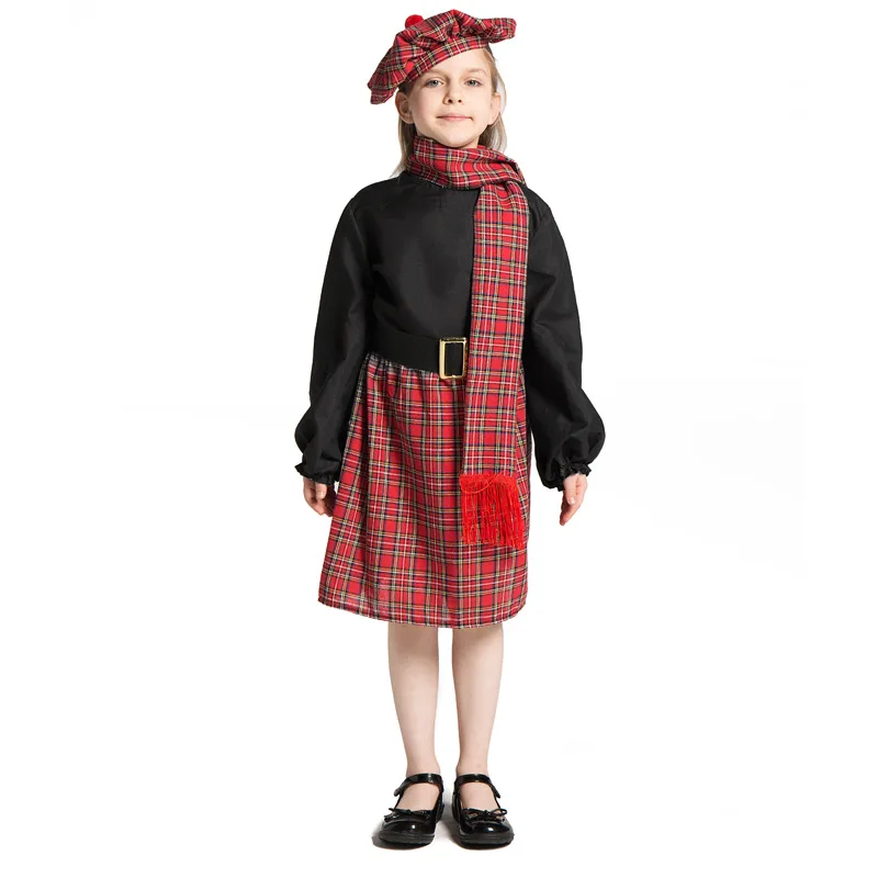 Scotch girl Scotland Costume Head Dress Headwear Scarf Baby Girls Full Suit Children Halloween Scottish Kilt Cosplay dress