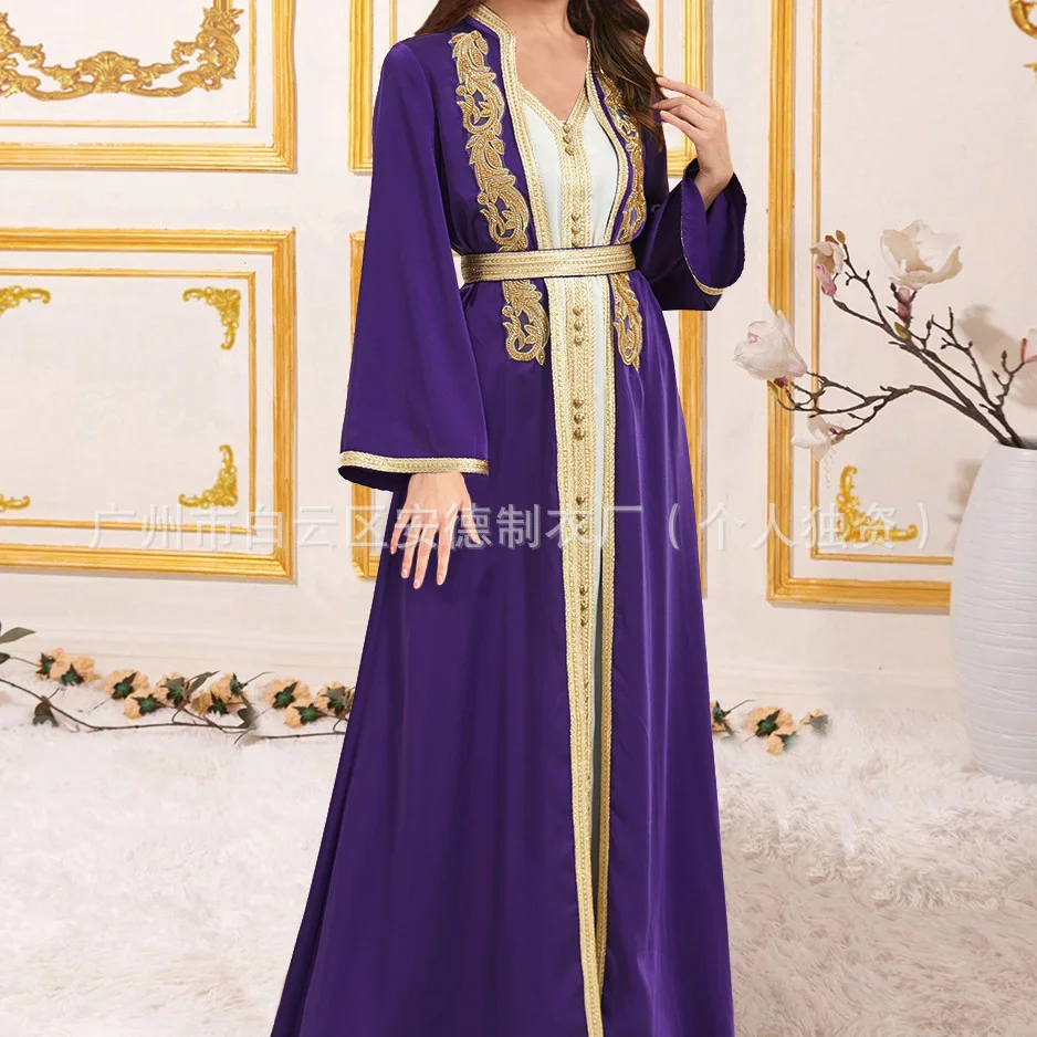 

76091 Women's New Fashion Beaded Lace Dress Two-piece Set Long Robe Dress Robe Abaya Ramadan Dubai Luxury Islam Elegant