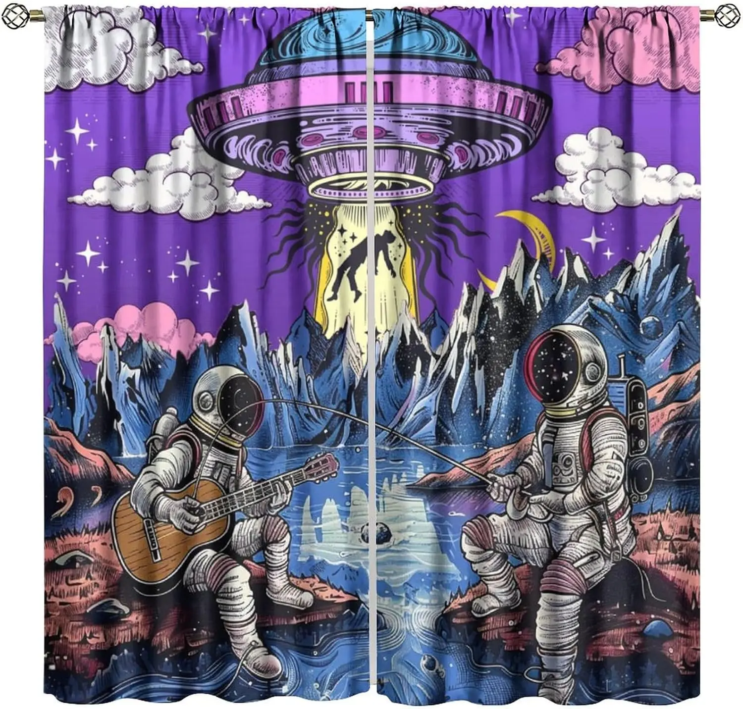 UFO Decor Window Curtain, Unique Fun Astronaut Galaxy Space Starry Sky Forest for Home Kitchen Restaurant Decoration Window