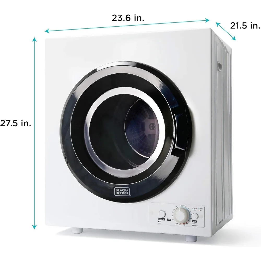 Hitam + DECKER kompak pengering pakaian, 1.5 Cu. Ft. Pengering elektrik 850W, pengering portabel berlubang 120V dengan Drum baja tahan karat