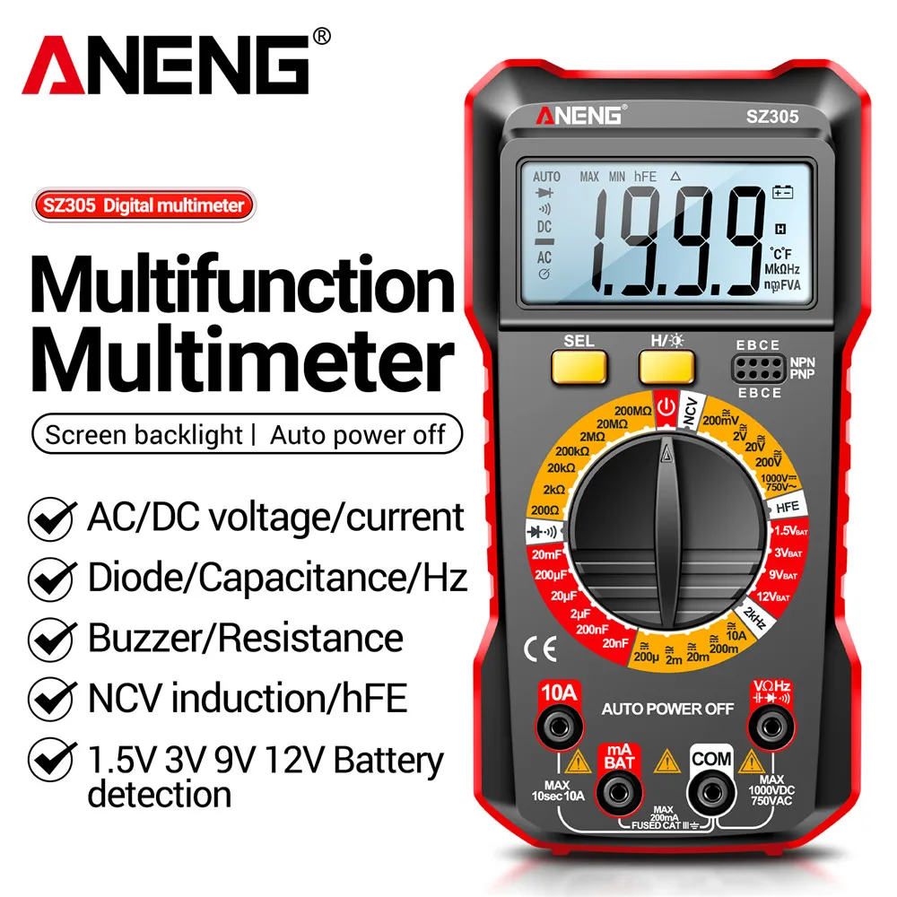 

ANENG SZ305 Smart Multimeter Professional AC/DC Voltage Current Capacitor Testers 1999 Counts Voltmeter Resistance Ohm Test Tool