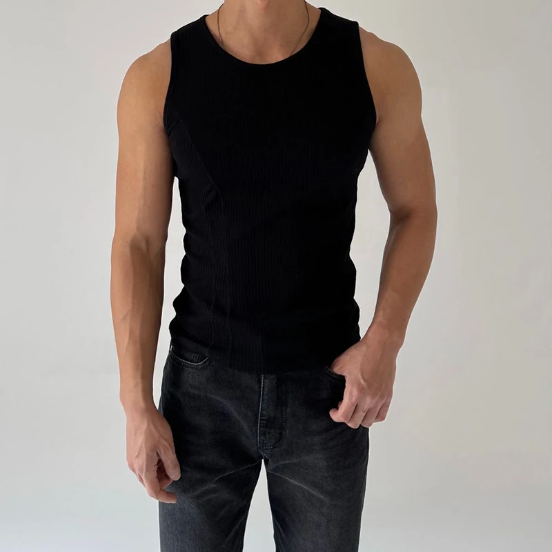 Sports Fitness Slim Sleeveless Tank Tops Men Fashion Solid Color Pleated Ribbed Vest Shirts Mens Summer Casual Elastic Camisoles