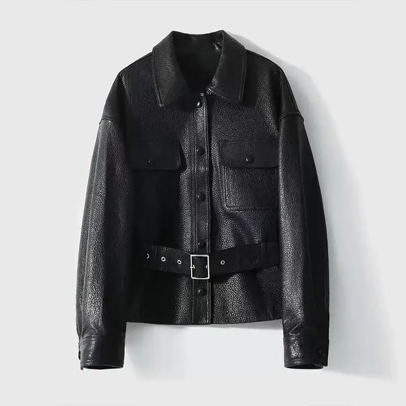 سترة الإناث الربيع جلد الغنم رغوة الجلد التلبيب واحدة الصدر حزام سليم تنوعا موضة القهوة/أسود معطف جلد قصير امرأة