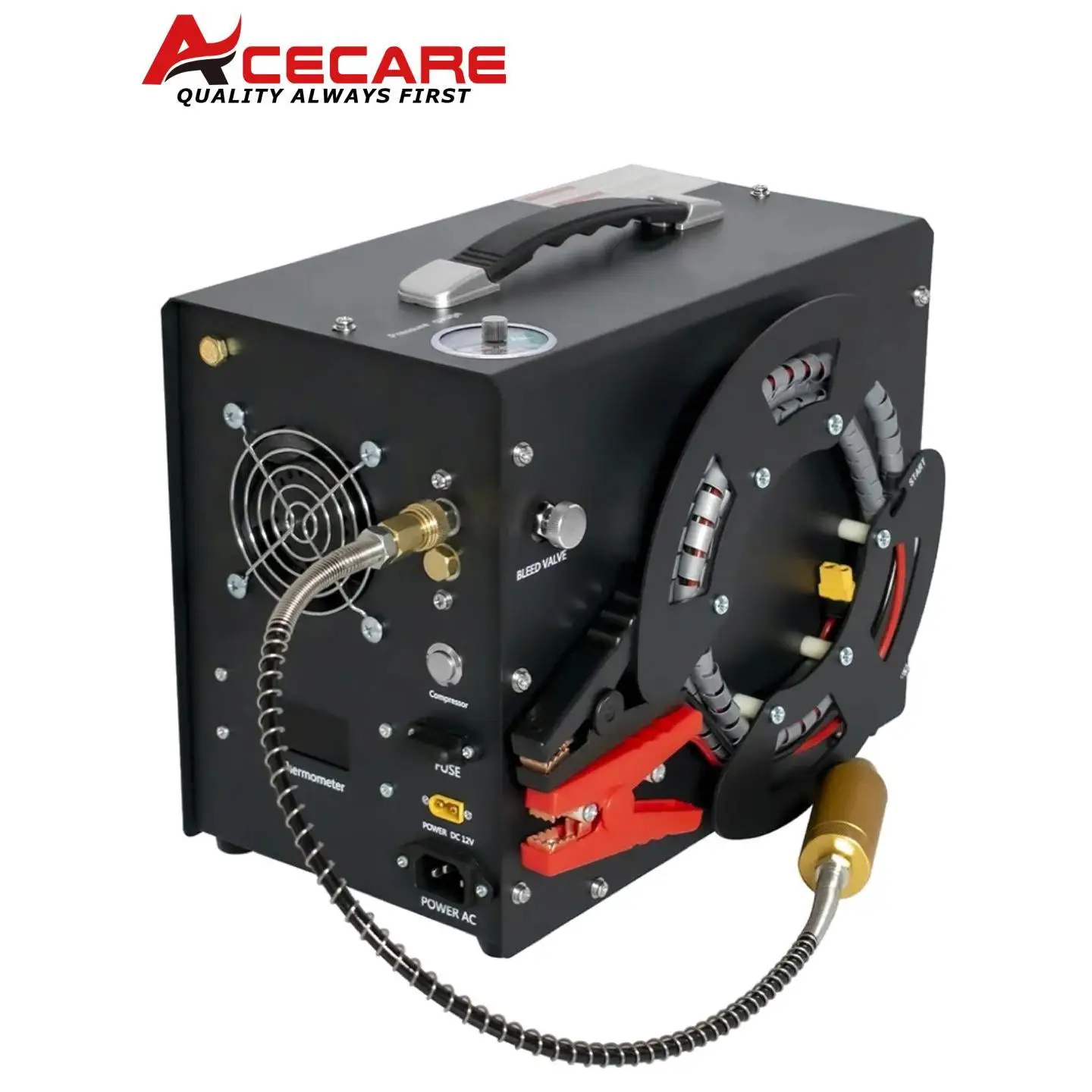 ACECARE-Compresseur d'air haute pression, 300 bars, 4500psi, PCP, avec adaptateur d'alimentation 12V intégré, ventilateur portable, arrêt automatique ES062