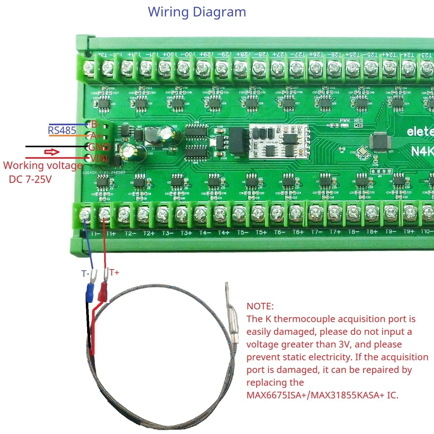 32CH K-Type Thermocouple Temp Acquisition Modbus RTU Module DC7-25V MAX6675 / MAX31855 DIN Rail Housing