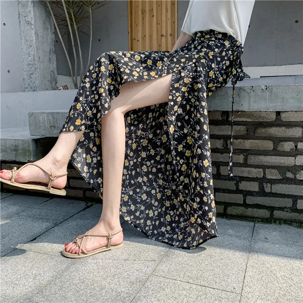 One Piece Summer Skirts Female Elegant Floral Style Chiffon High Waist Adjustable Vacation Long Skirt