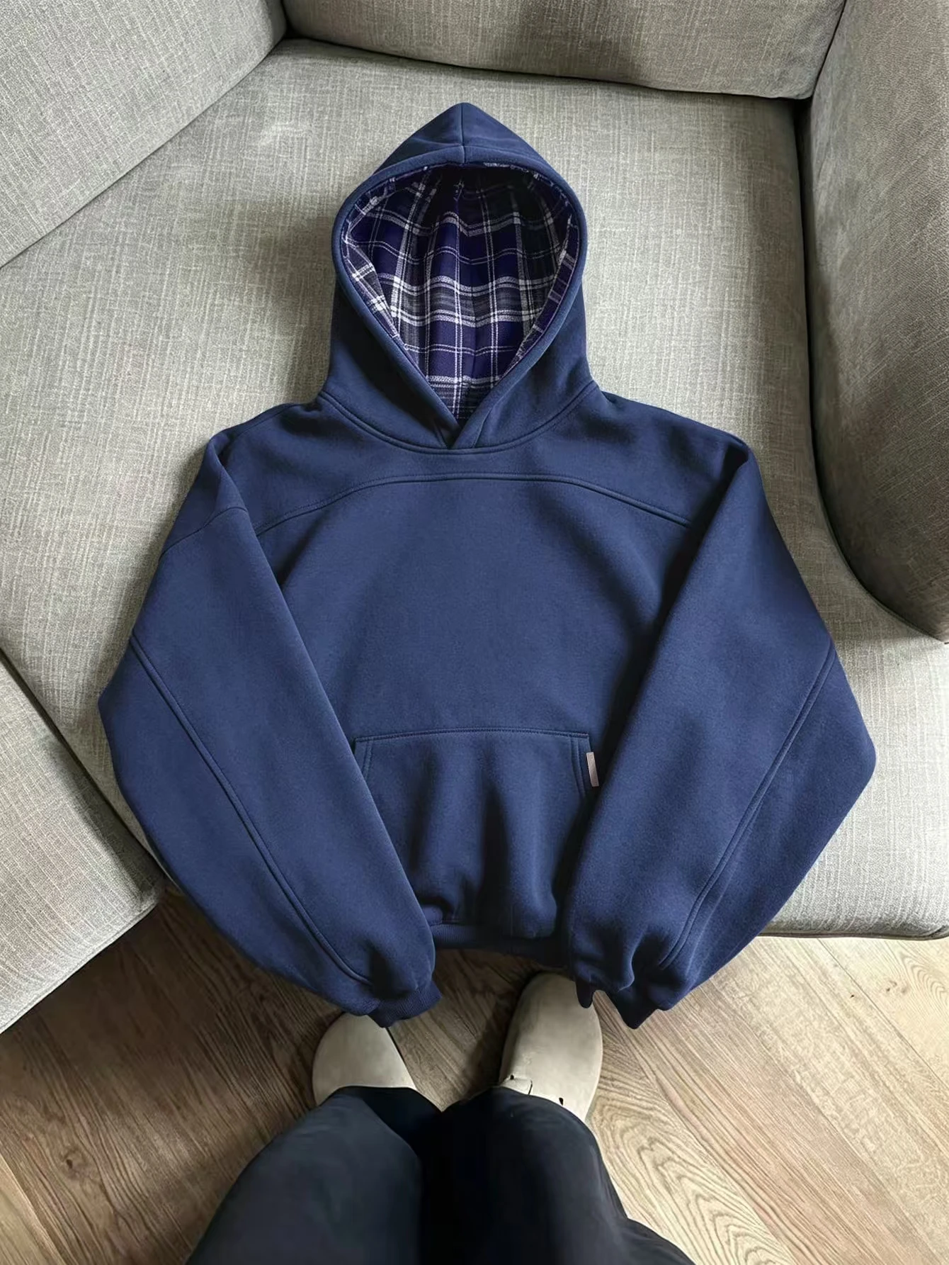 Men's Oversized Cropped Pullover Hoodie Plaid Lined Hood Streetwear Polyester Fleece Sweatshirt Multi Color Casual Tops S-2XL