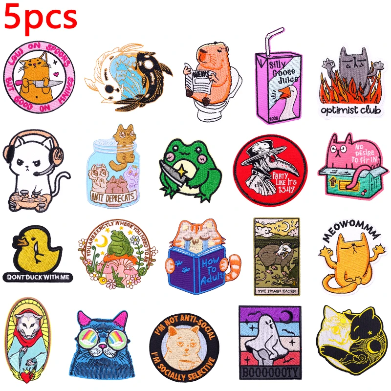 

5Pcs/Lots Cartoon Cat Iron On Patches For Clothing Jackets DIY Animal Frog Duck Embroidery Patches On Clothes Sewing Stickers