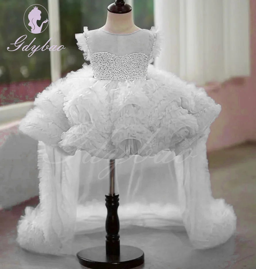 Baby Rosa Tüll Blumenmädchenkleid für Hochzeit Puffärmel mit Perlen Prinzessin Kinder Party Erstkommunion Ballkleid