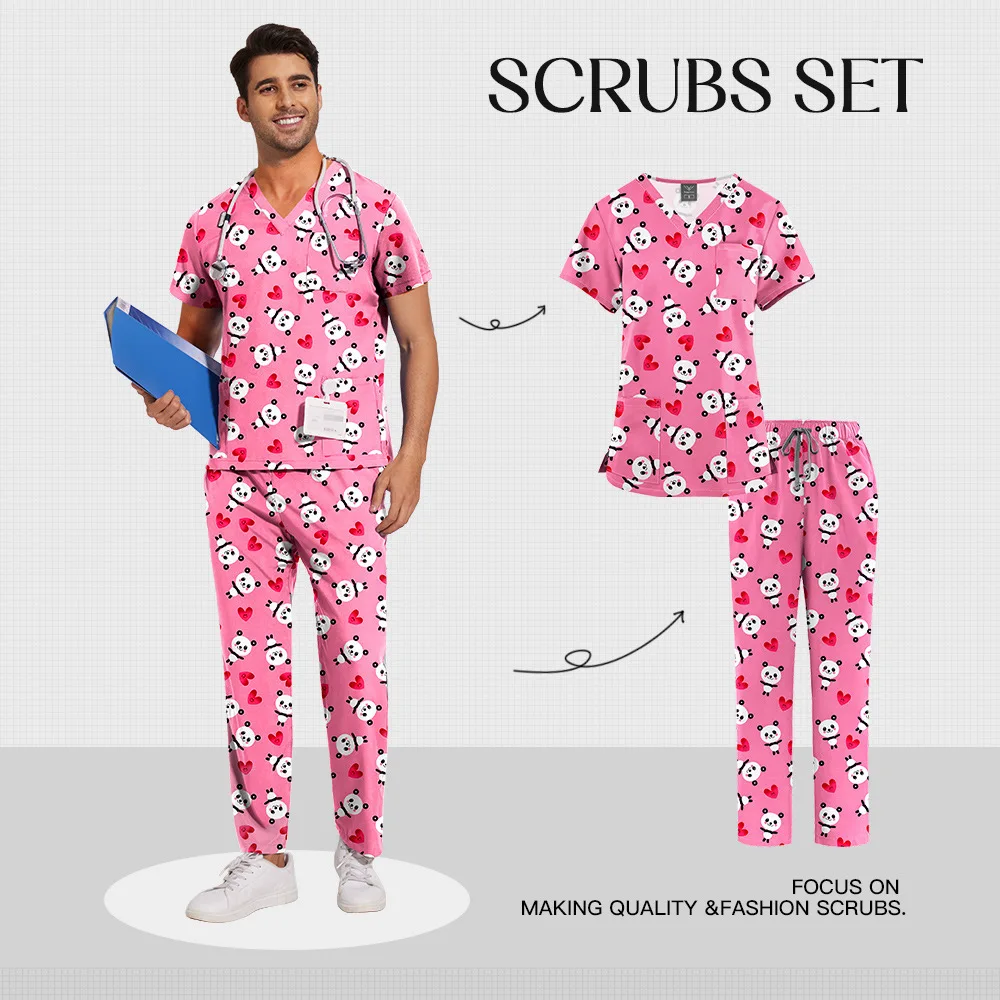 Conjunto de lavagem das mãos fino confortável respirável médico dos desenhos animados impresso uniforme trabalho roupas enfermeira