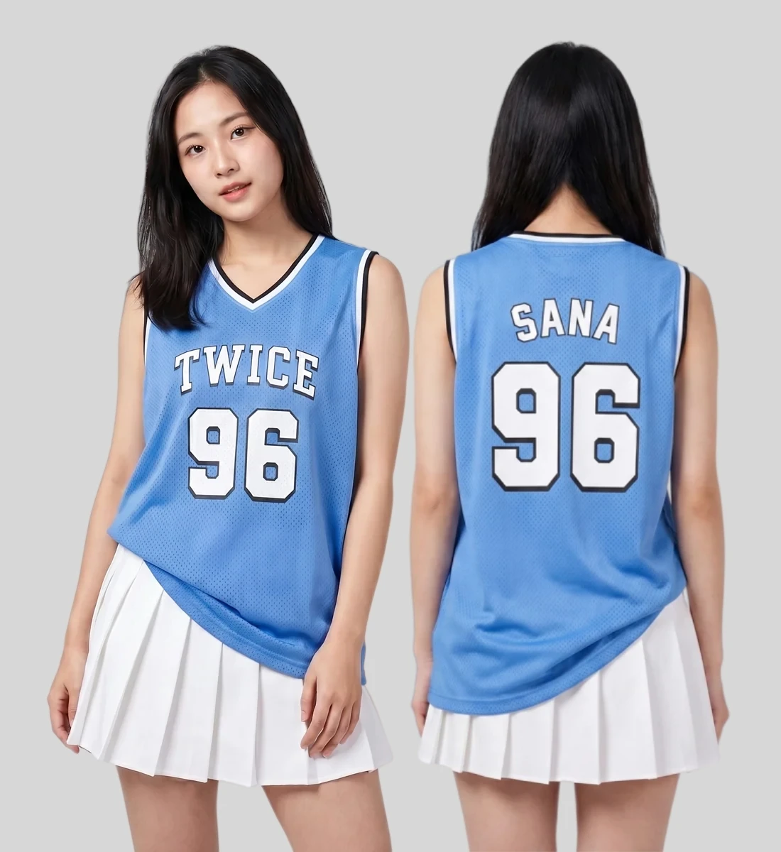 Women's TWICE SANA 96 Basketball Jersey Light Blue Mesh Sleeveless V‑Neck Y2K Oversized Loose Kpop Fan Streetwear Tops