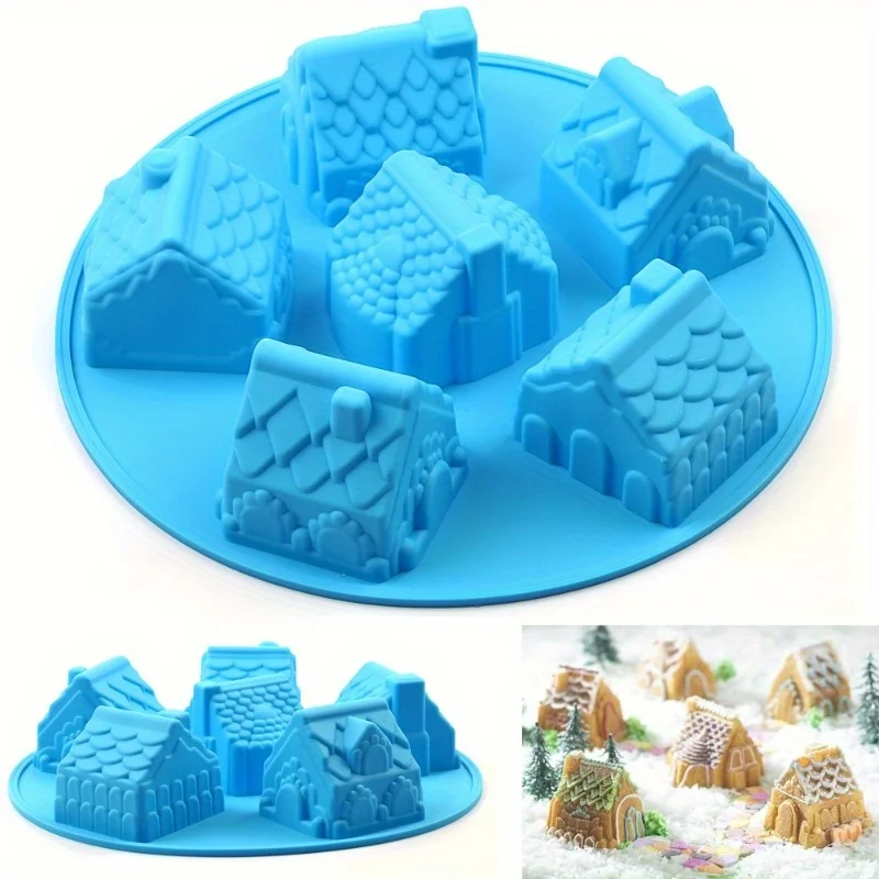 1pc Christmas Silicone Cake Molds - 6 Cavity Gingerbread House Baking Molds, Non-Stick Round Cake Pan Bakeware