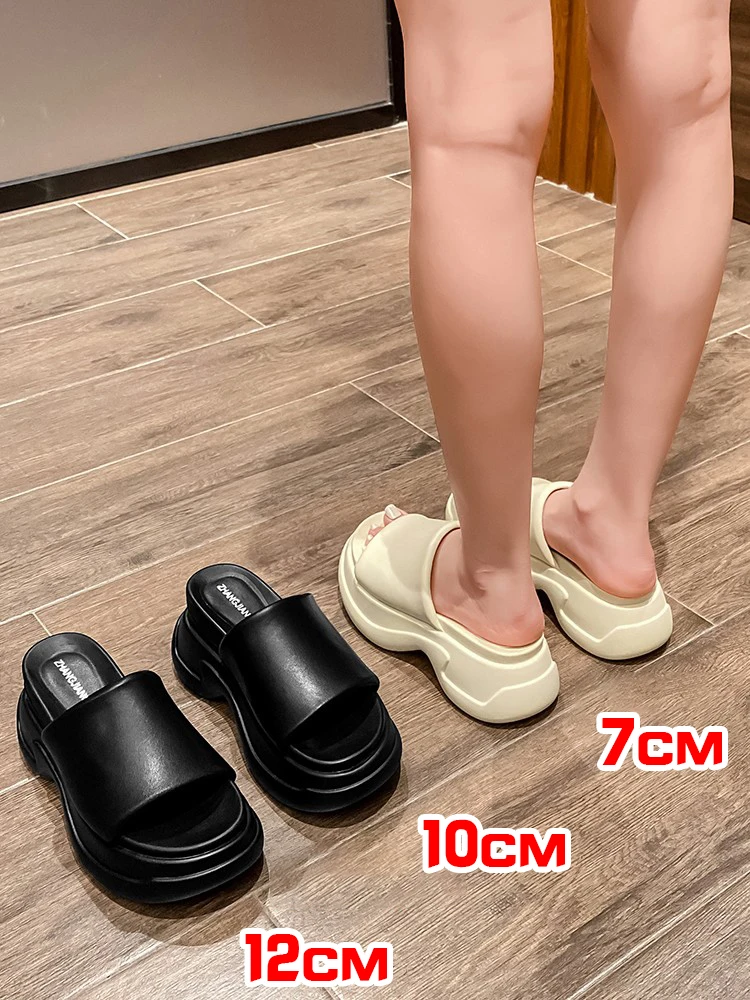 

12cm Women Platform Slippers Height Increasing 7cm Sandals Genuine Leather Sheepskin Shoes High Quality Thick Sole Slipper 10cm