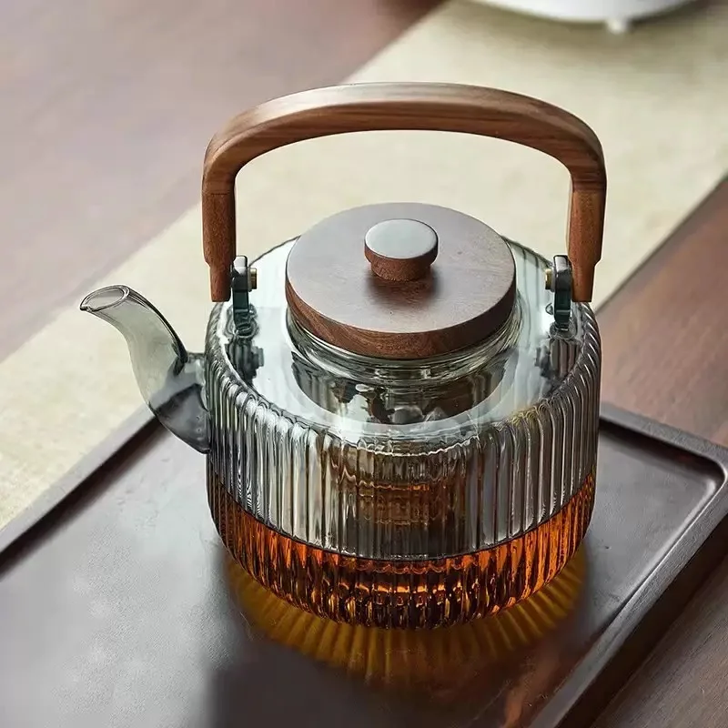 Large Capacity 1300ml Stripe Pattern Glass Teapot Wooden Beam Tea Kettle Brewing Puer Teapot Herbal Health Flower Tea Maker