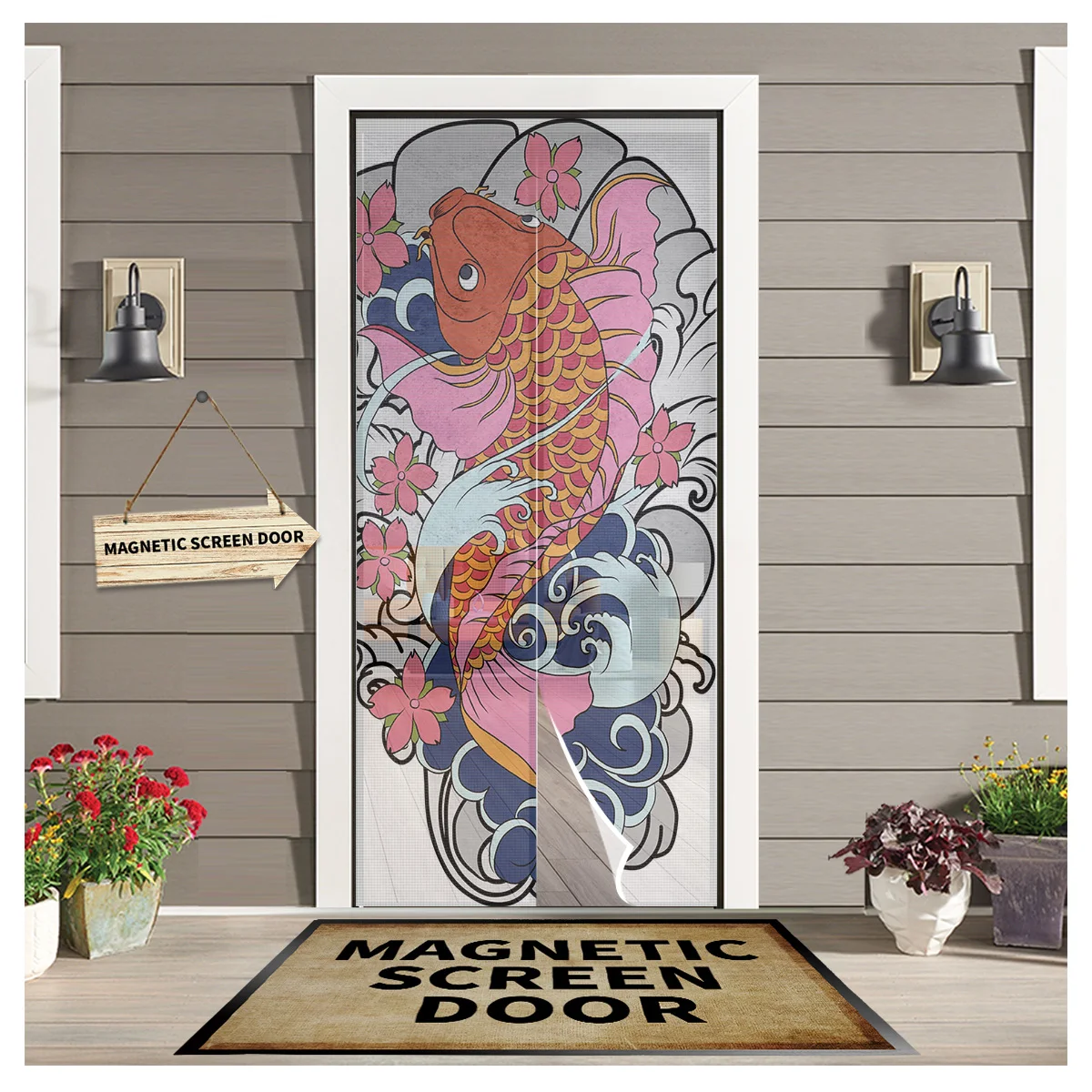 Koi Flowers Water Waves Lines Magnetic Screen Door Curtain Home Summer Window Mosquito Net for Kitchen Bedroom