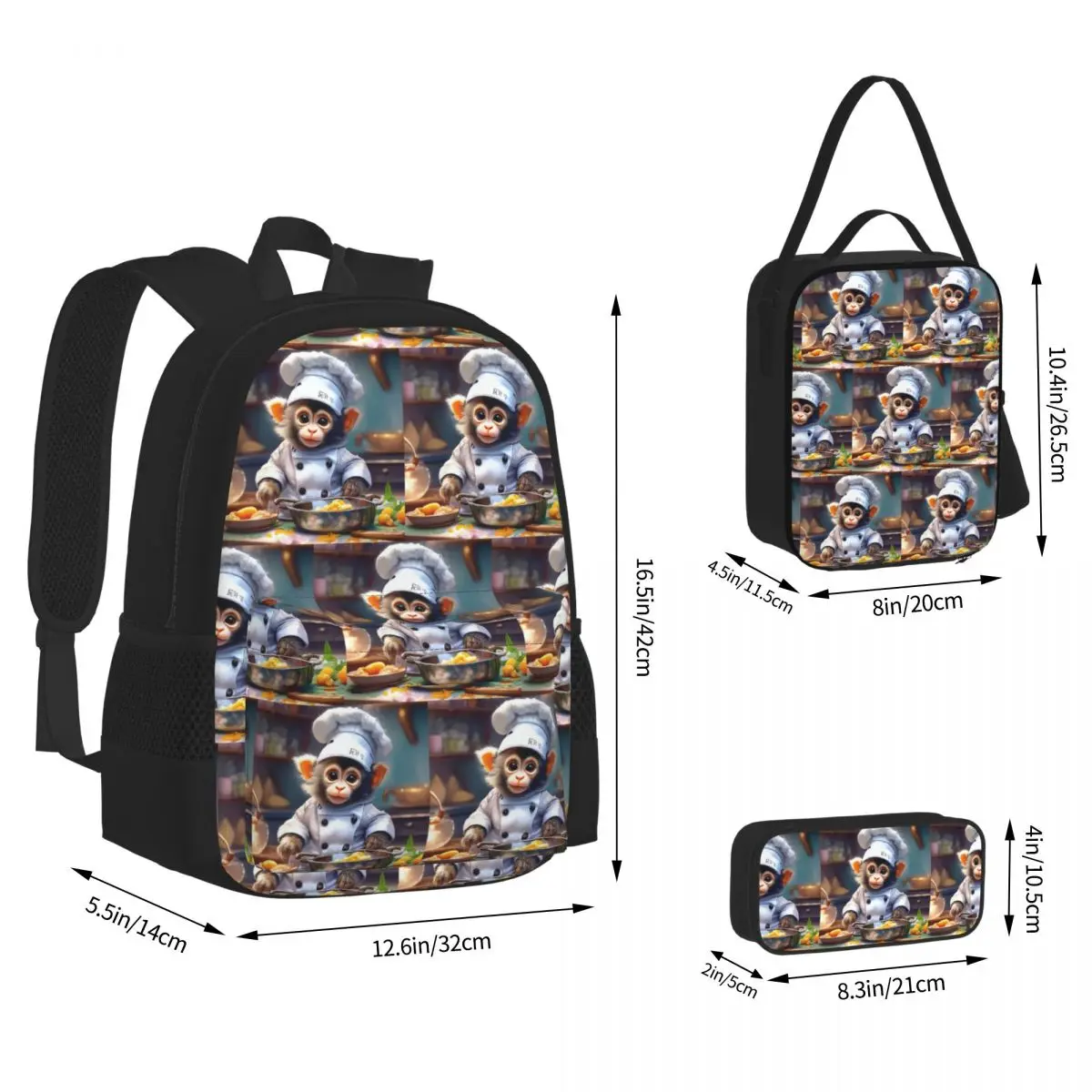 Cute Monkey Chef Backpacks Boys Girls Bookbag School Bags Children Rucksack Lunch Bag Pen Bag Three-Piece Set