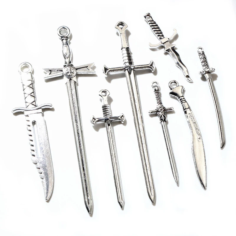 10pcs/lot Antique Silver Plated Sword Blade Charms Pedants DIY Jewelry Making Accessories for Necklace Craft Findings