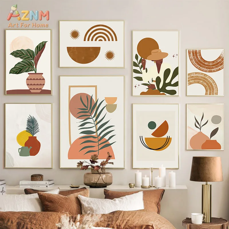 AZNM Boho Terracotta Abstract Canvas Print Plant Vase Rainbow Sun Geometric Shape Minimalist Woman Portrait Neutral Wall Poster