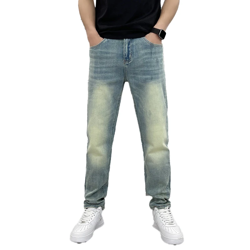 High-end jeans men loose straight trousers spring and summer models versatile casual men's European goods light blue trousers