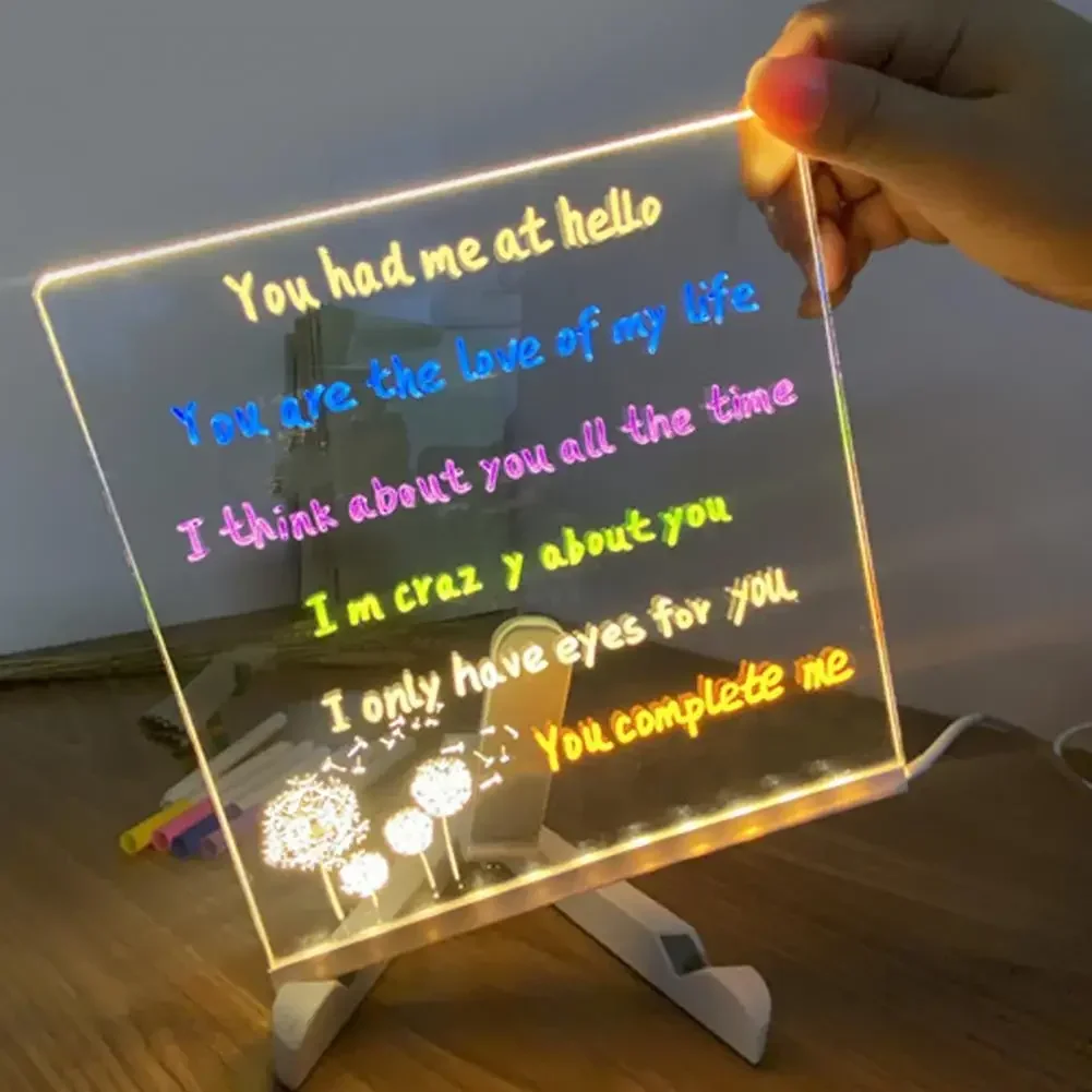 Marqueur de message en acrylique brillant réutilisable avec lumière LED, tableau de notes LED, planche à dessin éclairée, stylo 7 couleurs