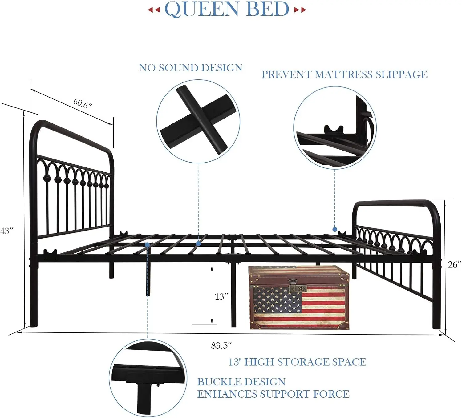 Yalaxon Vintage Sturdy Queen Size Metal Bed Frame Basic With Headboard And Footboard,No Box Spring Needed,Under Bed Storage