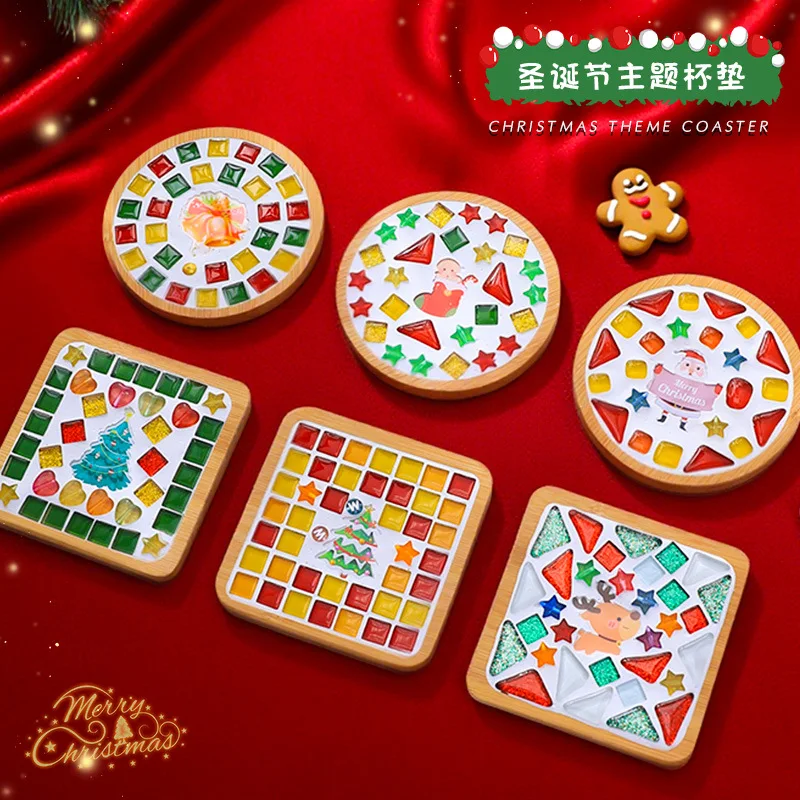 Christmas Mosaic Coaster DIY Craft Kit - Holiday Themed Handmade Decoration Material Set with Festive Ornaments