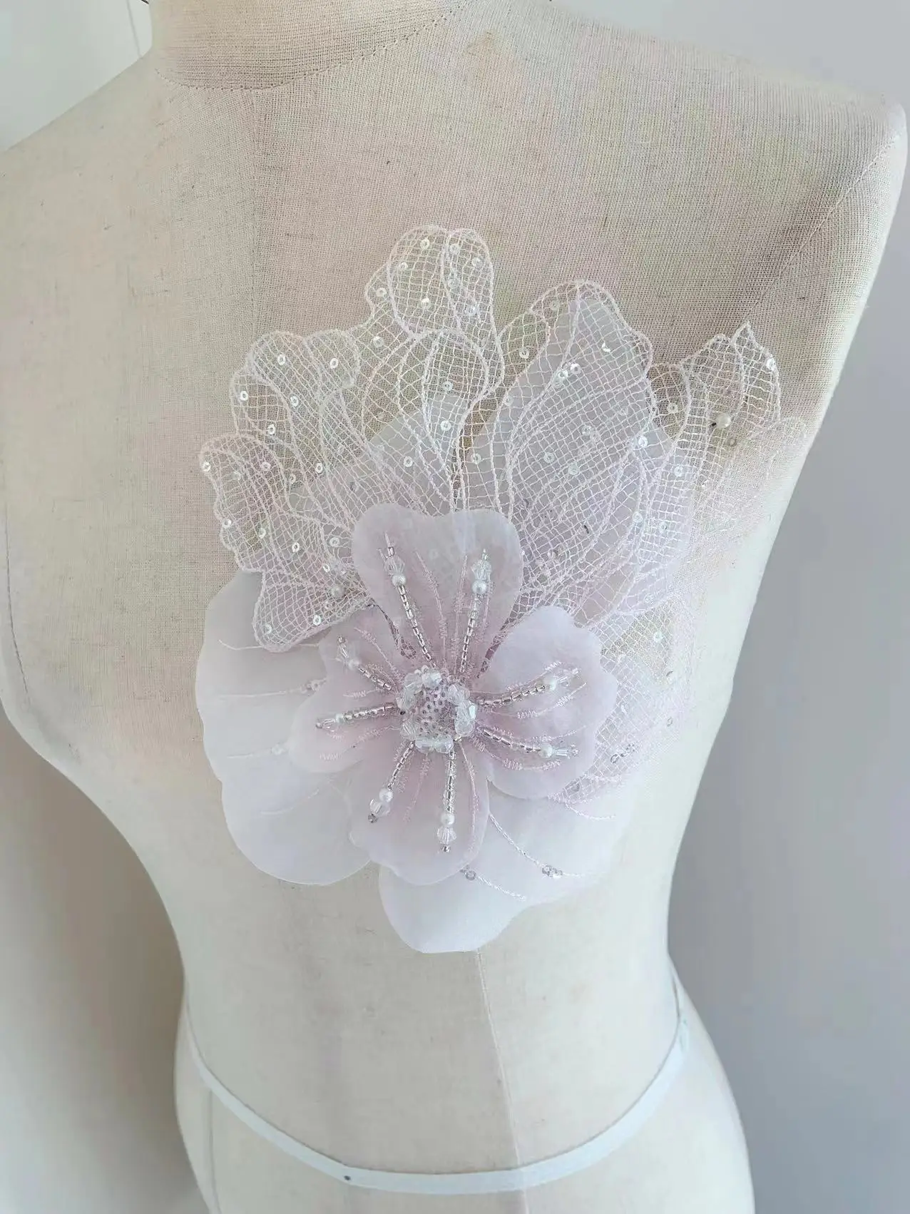 3D Embroidery Rhinestone Sequins Pink Flower Applique Seed Beaded Lace Patch for Couture,Wedding Dress,Off White Dance Costume