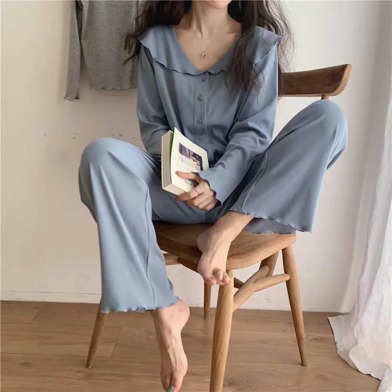 Single Breasted Shirts + Trousers Soft Pajamas Set Solid Navy Collar Simple Home Wear Summer Night Home Suit Loose Casual Blue