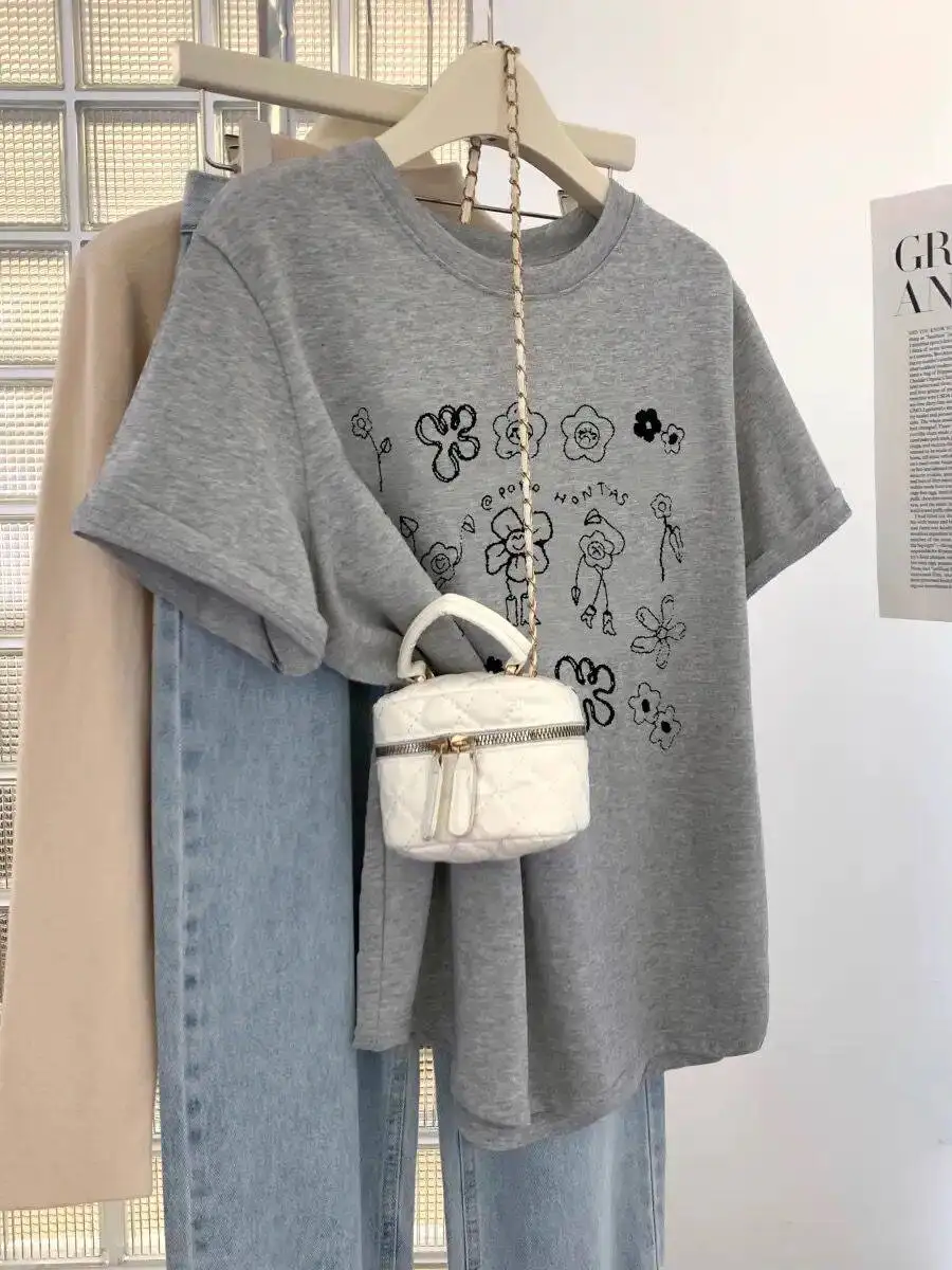 

ay Floral f Sve T-irt Women's Loose Fit Summer Casual Cotton round Ne Mid-Length Top Korean Sle Commute Faion