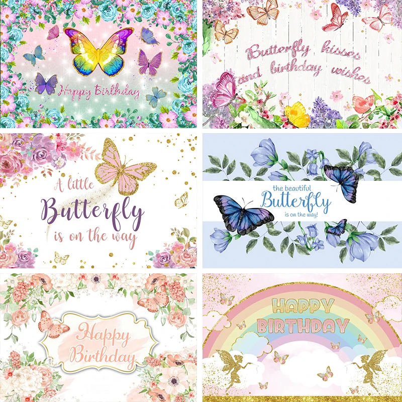 Laeacco Butterfly Flower Plant Kids Happy Birthday Party Decor Baby Portrait Personalized Poster Photographic Photo Background