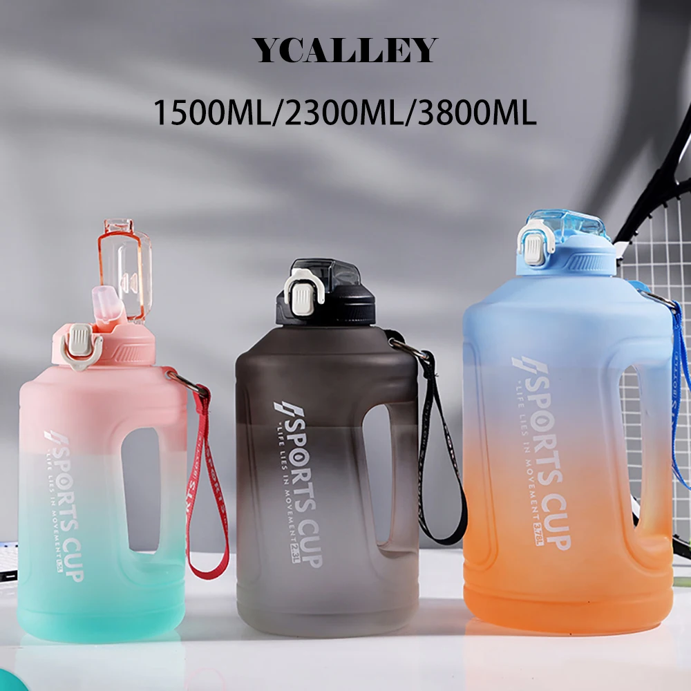 YCALLEY Sport 2l Water Bottle Reminder Silicone Sith Straw Waterbottle Fitness Big Bottles 1500ML / 2300ML / 3800ML 2 liter