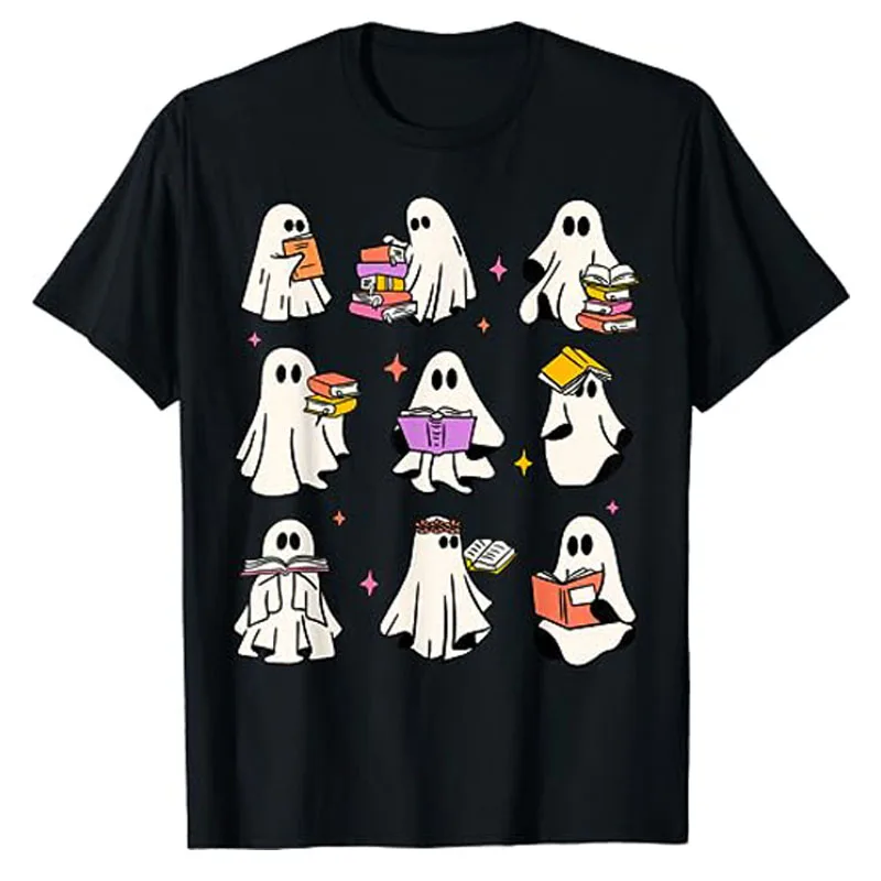 

Retro Teacher Halloween Ghost Read More Books Teacher T-Shirt Spooky Teacher Ghost Tee Cute Teacher's Day Gift Schoolwear Tops