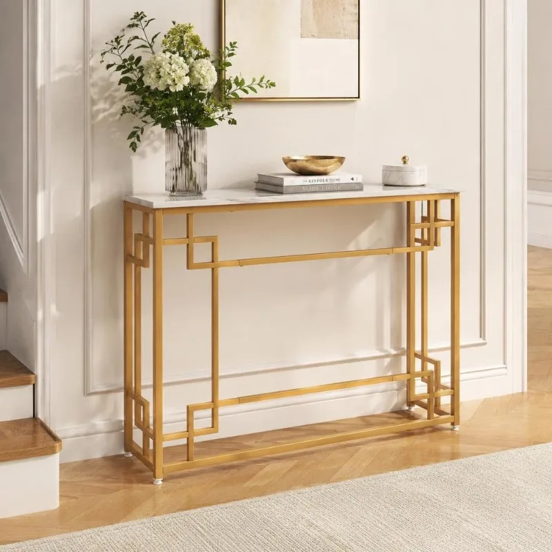 Console Moderne en Faux Marbre avec Structure Dorée, Cadre Doré Stable, Plateau Étanche pour Décoration Intérieure, Entrée, Salon, Assemblage Facile avec Kit Anti-Renversement, Table Console, Accessoires Maison