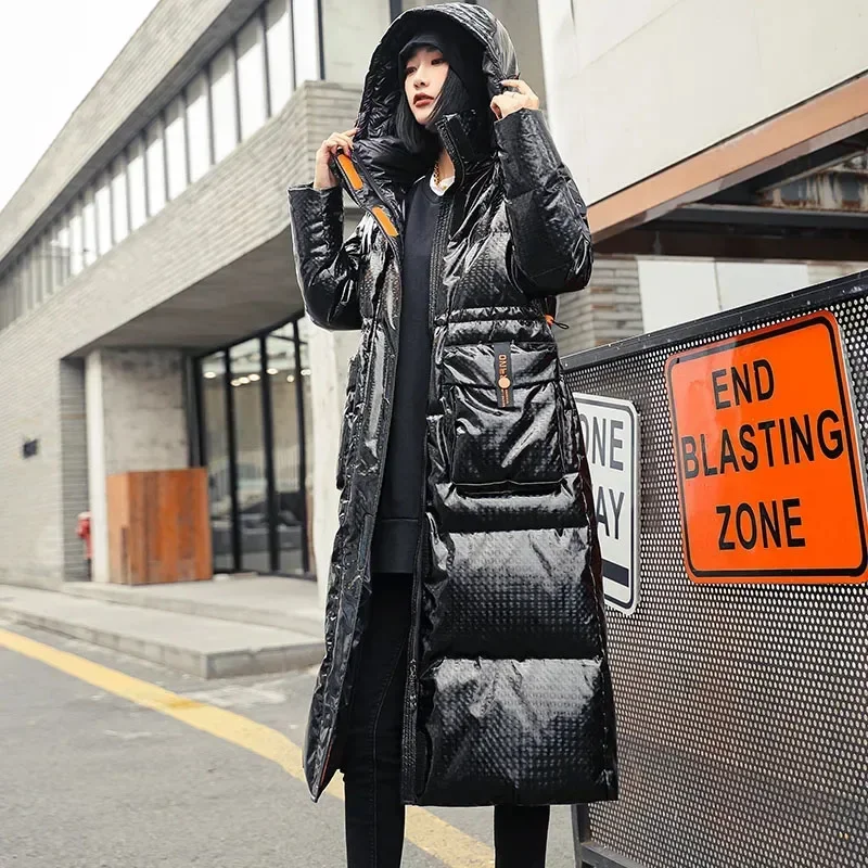 

New Winter 90% White Coat Women Long Glossy Down Jacket Loose Warm Hooded Parka Overcoat Female Casual Snow Jackets