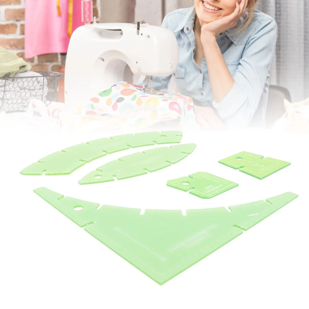 5pcs Transparent Green Quilting Template Set Plastic Acrylic Multi Functional Quilt Cutting Templates DIY Quilting Ruler Kit