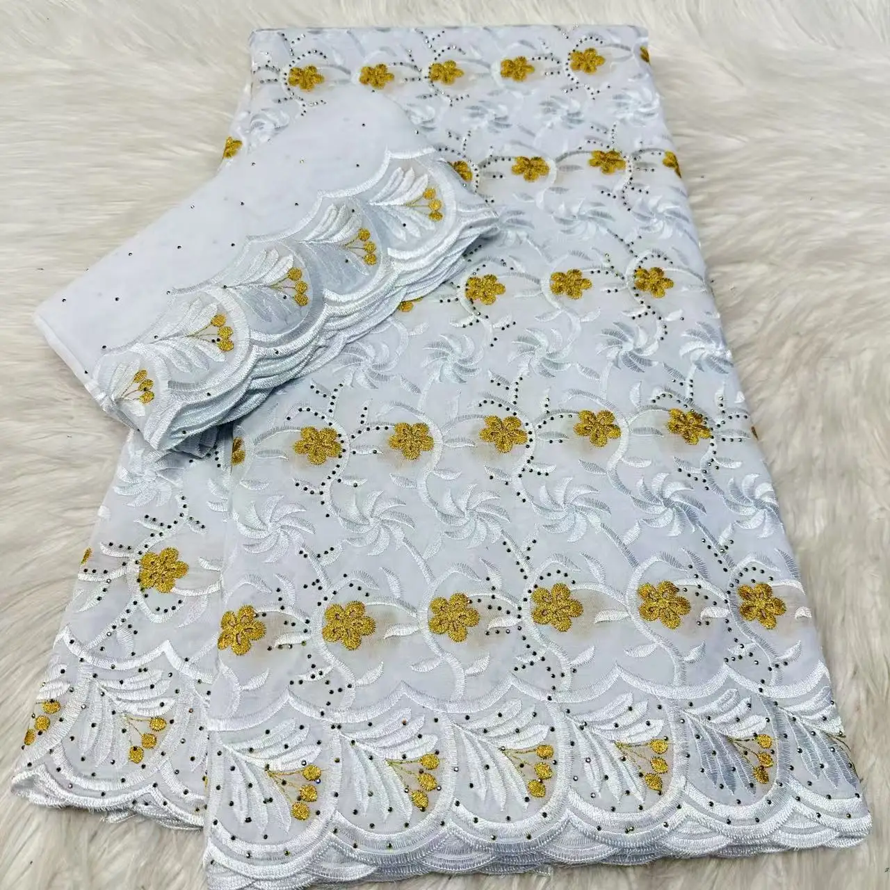 5 Yard African Cotton Fabric with 2 Yard Scarf Lafaya Shiny Beaded Embroidery Swiss Voile Lace Dubai Style for Fashion Crafts