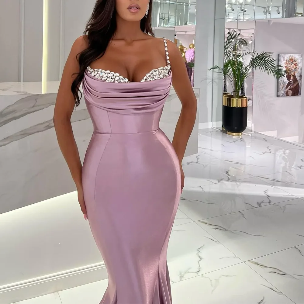 2025 สีชมพูซาตินประดับด้วยลูกปัดElegantชุดราตรีอย่างเป็นทางการParty Prom Gownsทรัมเป็ตสปาเก็ตตี้ชุดราตรีชุดราตรีที่กําหนดเอง