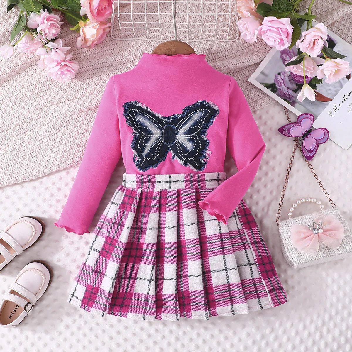 Children's Sets Spring Autumn Kids Girls Clothes Fashion Butterfly Long Sleeve Tops+Plaid Skirt Baby Boutique Clothing BC176