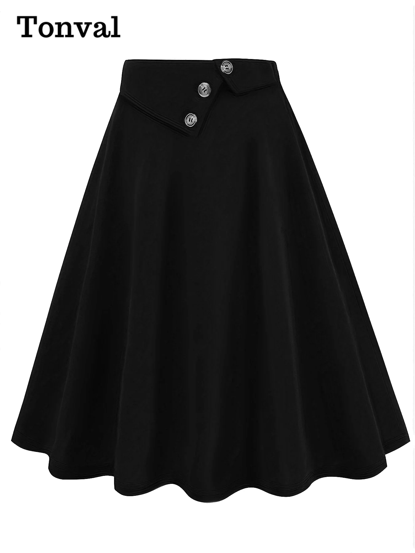 Tonval Buttons Front High Waist Black A-Line Skirts for Women Elastic Waist Vintage Style Midi Swing Skirt 2025