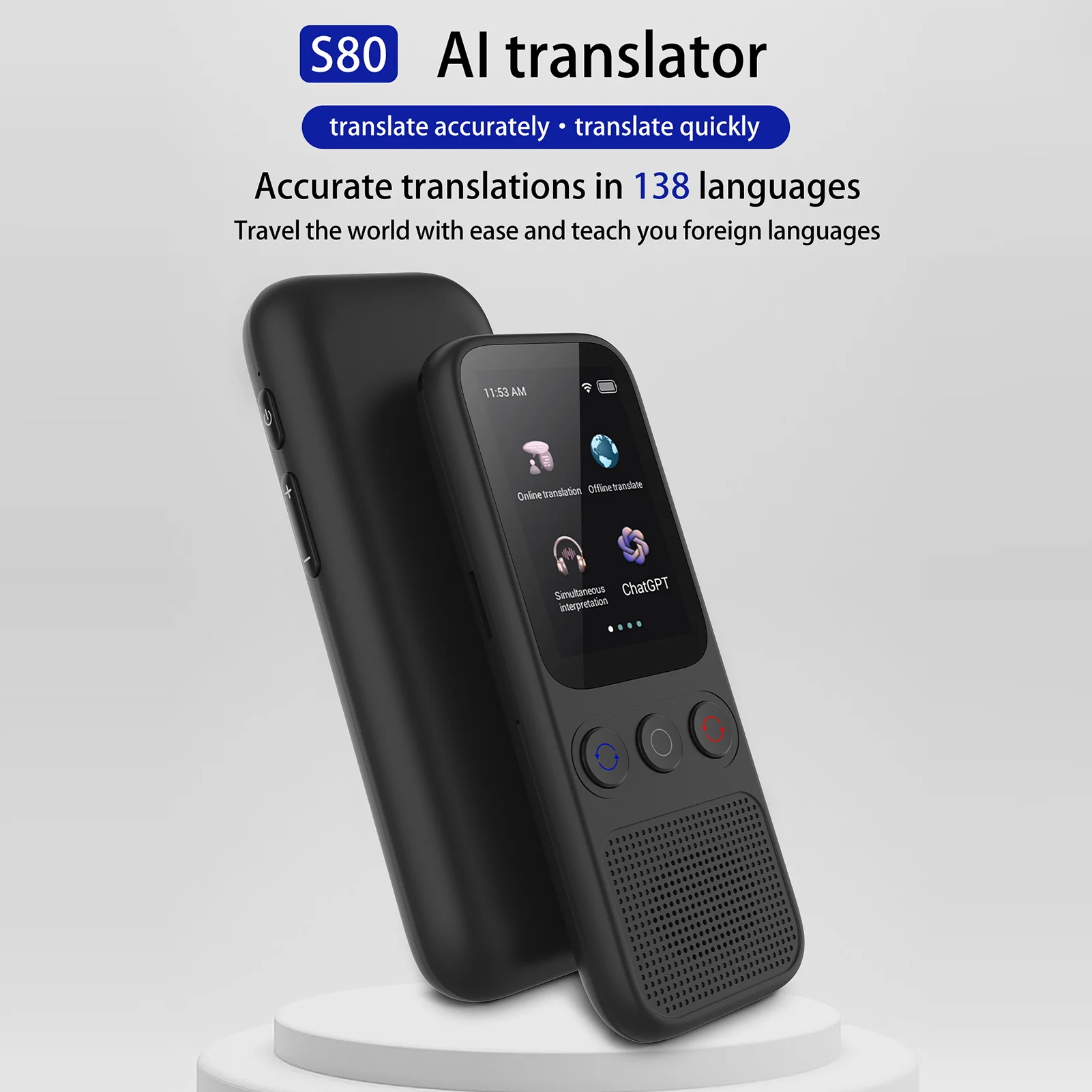 Portable Language Translator Device Simultaneous Interpretation Support Voice Video Recording Text Translate ChatGPT Function