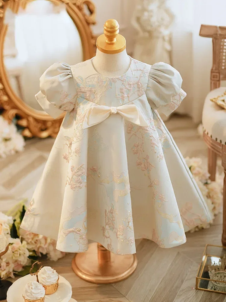 

2023 Baby Girls Luxurious Party Dress for Summer Children Printed with Bow Ball Gowns for Baptism Infant Vintage Evening Dresses