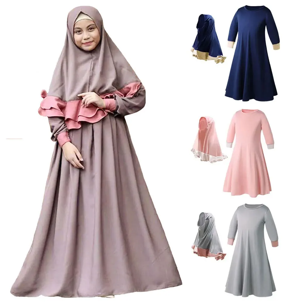 Islamic Muslim Kids Girls Prayer Dress Burka Kaftan Abaya Ramadan Robe Arab Middle East Clothes 2pcs Set Bow 2 Color Patchwork