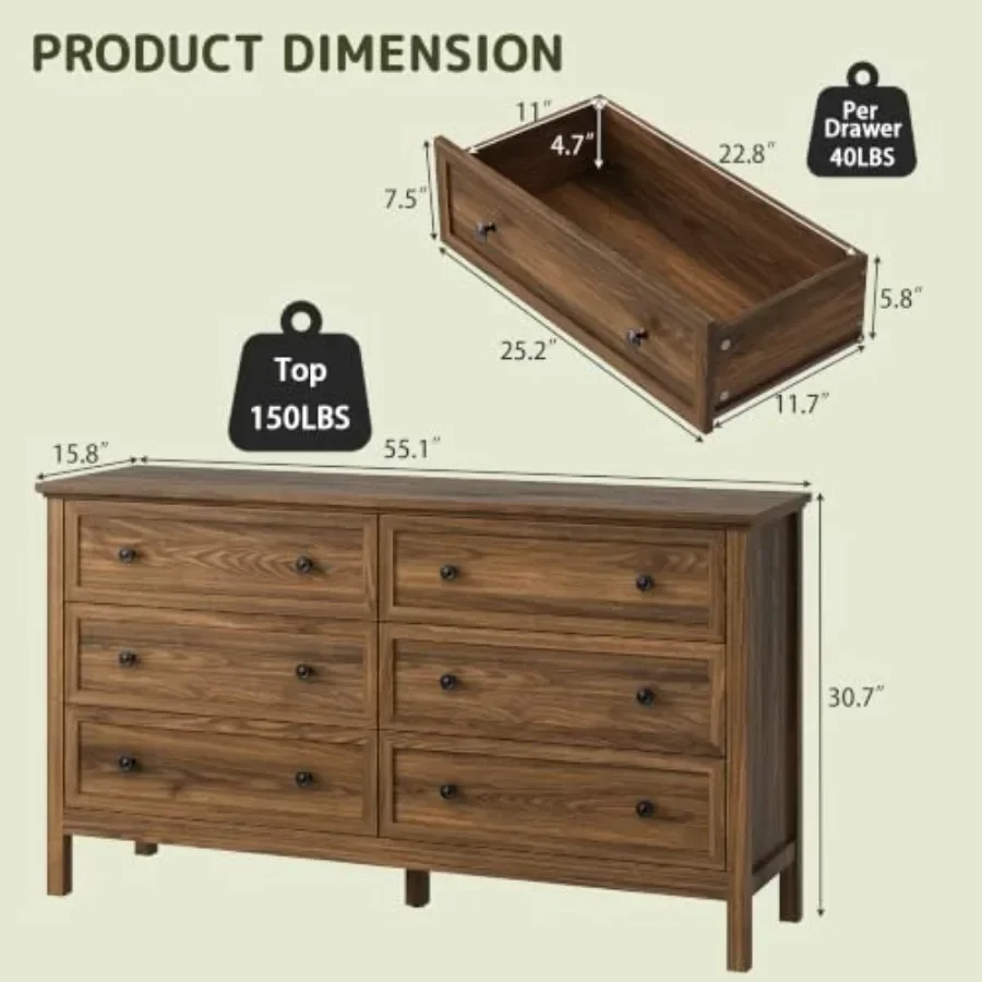 6 Drawer Dresser for Bedroom and Hallway, Solid Wood Construction, Natural Oak Finish, Space-Saving Design with Smooth-Glide Dr