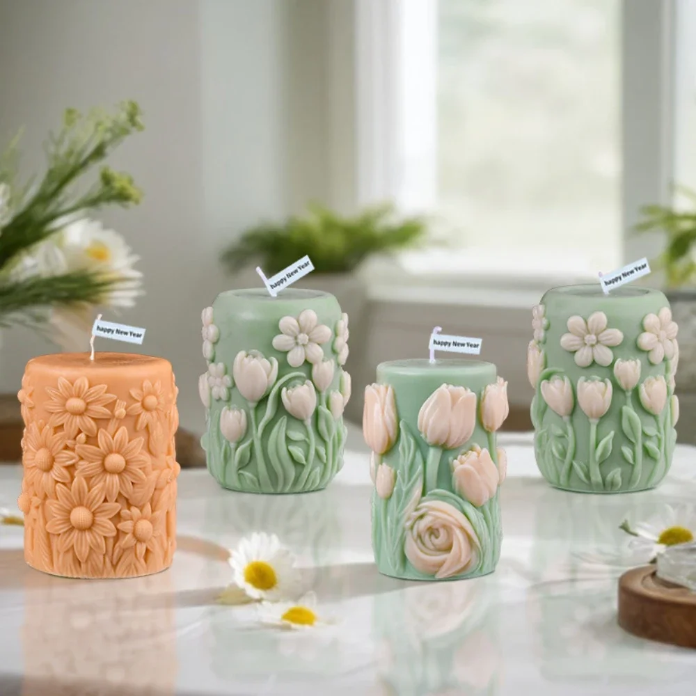 Relief Daisy Pillar Silicone Mold for Scented Candle Tulip Cylinder Gypsum Soap Moulds Flower Geometry Party Decor Gifts for Mom